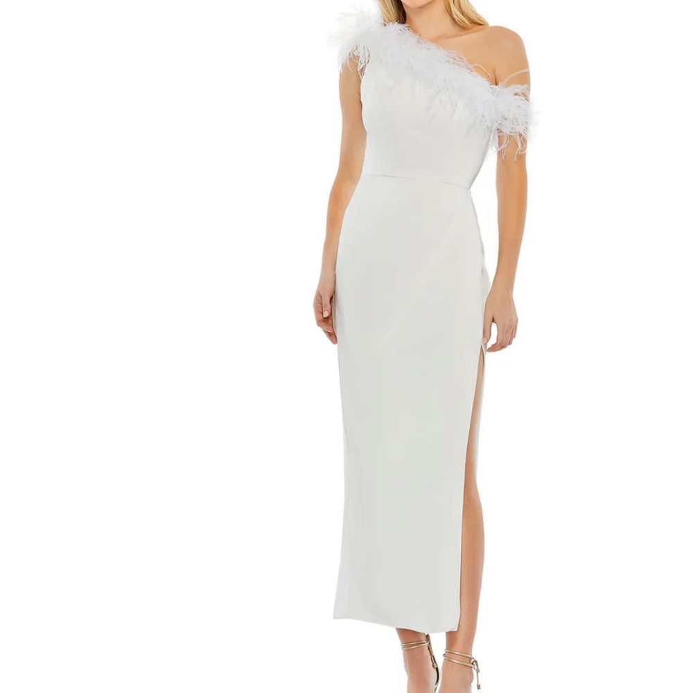 NWT MAC DUGGAL Sz 2  White FEATHER TRIM ONE SHOULDER DRAPED DRESS A68147